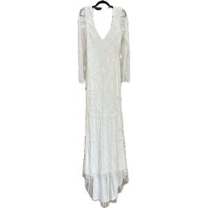 Lulus Long Sleeve Sequin Beaded Backless Maxi Dress Bridal Gown Wedding Size M